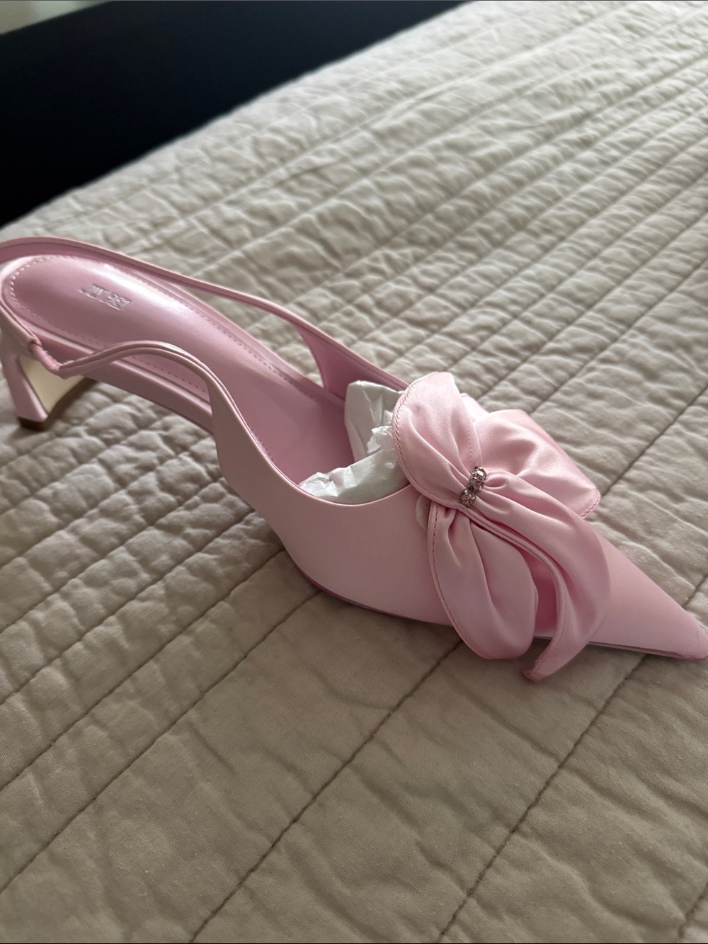 JW PEI Pink Satin Slingback Heels with Bow Detail